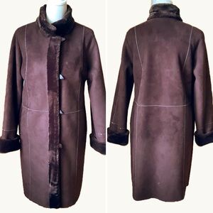 NOVELTI Brown Faux Suede Leather Shearling Midi Coat Size M